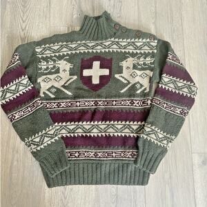 VTG Polo Ralph Lauren Swiss Cross Deer Fair Isle Sweater Hand Knit Wool Sz S